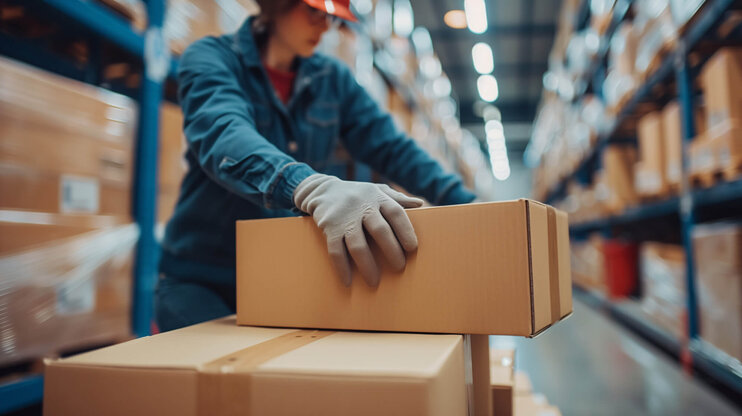Arbeiter mit Paketen und Kisten zur Auslieferung.