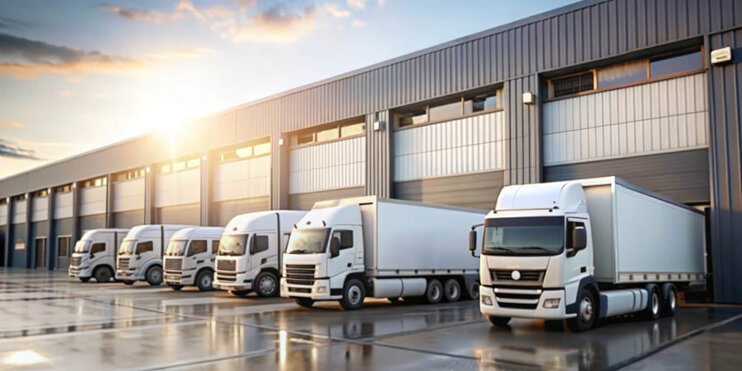 Transport-LKW vor einem Fabriklager geparkt.