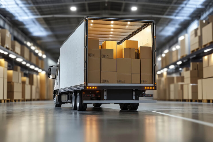 LKW steht im Lager und lädt zahlreiche Kartons aus.