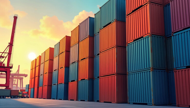 Bunte Container im Hafen bei Sonnenuntergang, Hafenkran und LKWs im Vordergrund.