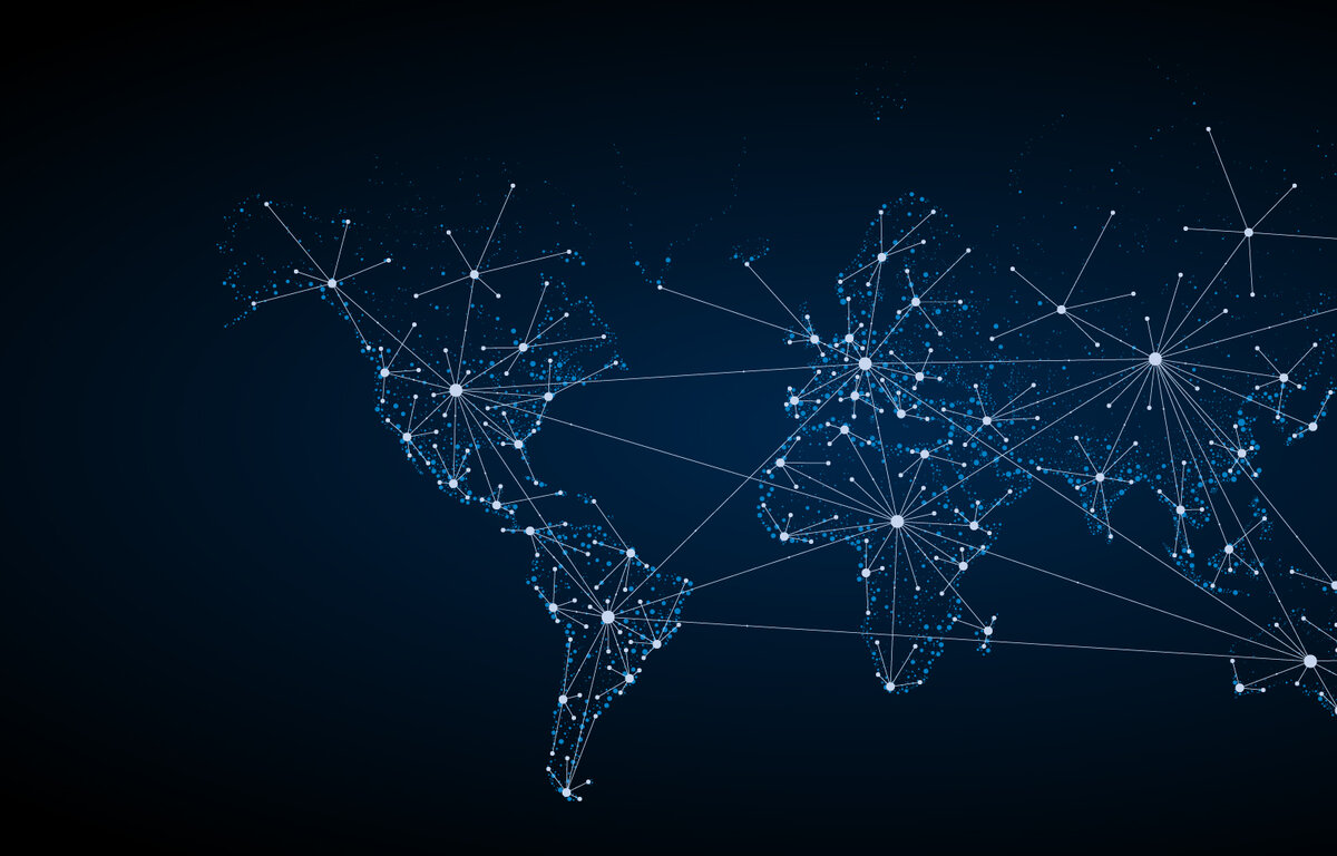 Vektor-Weltkarte mit Netzwerk aus Punkten und Linien – globale Geschäftskonnektivität.
