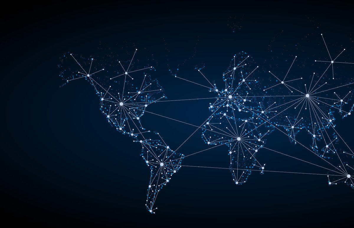 Vektor-Weltkarte mit Netzwerk aus Punkten und Linien – globale Geschäftskonnektivität.
