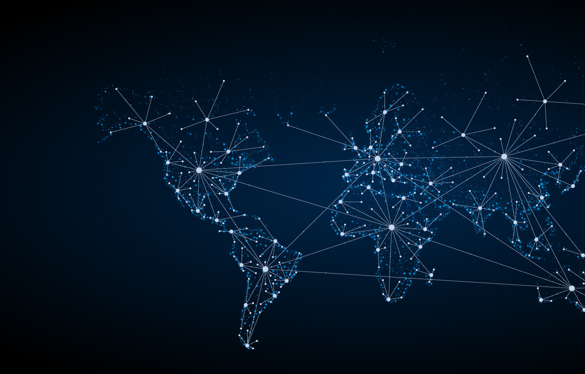 Vektor-Weltkarte mit Netzwerk aus Punkten und Linien – globale Geschäftskonnektivität.