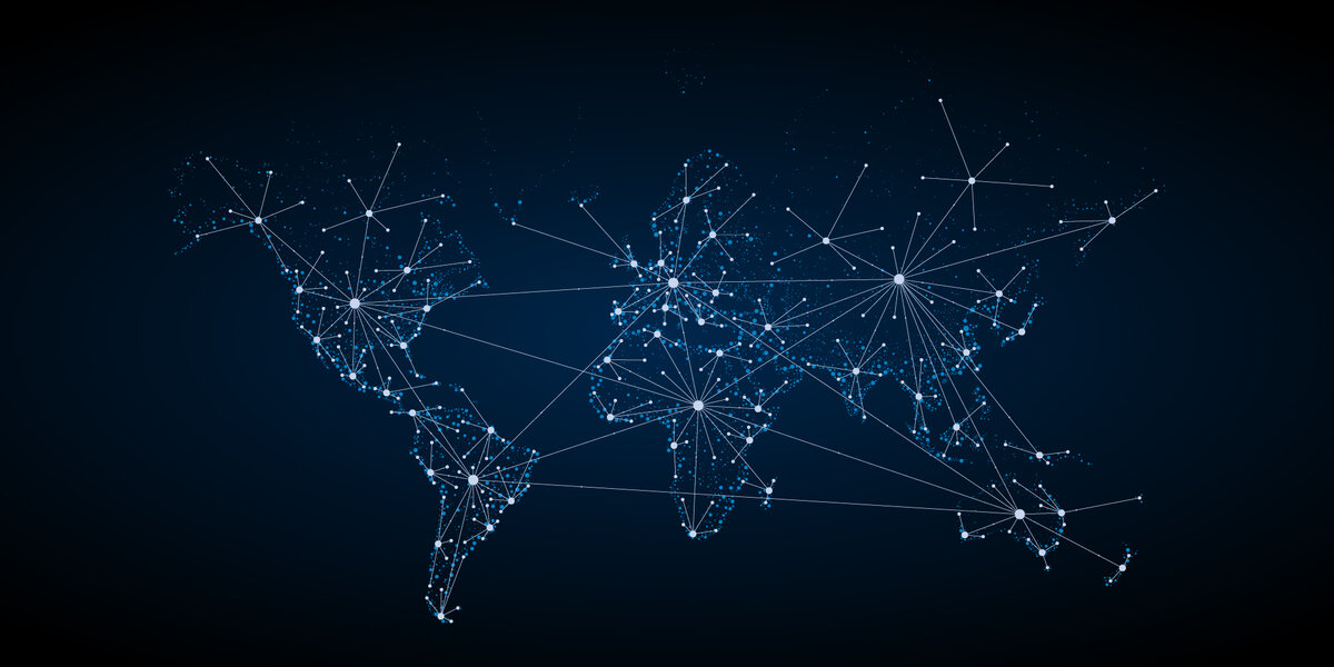 Vektor-Weltkarte mit Netzwerk aus Punkten und Linien – globale Geschäftskonnektivität.