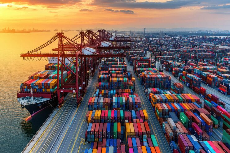 Lebendige Luftaufnahme eines geschäftigen Frachthafens bei Sonnenuntergang mit bunten Containerstapeln und Kränen am Wasser.