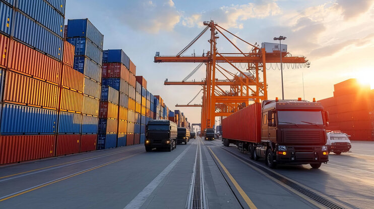 Logistik- und Sicherheitsszenario: Industriehafen mit LKWs und Containern bei Sonnenuntergang.