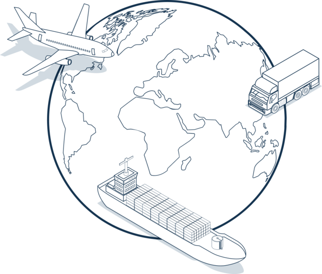 Homepage-Banner: Kugelförmige Weltkarte mit verschiedenen Versandtransportmitteln.