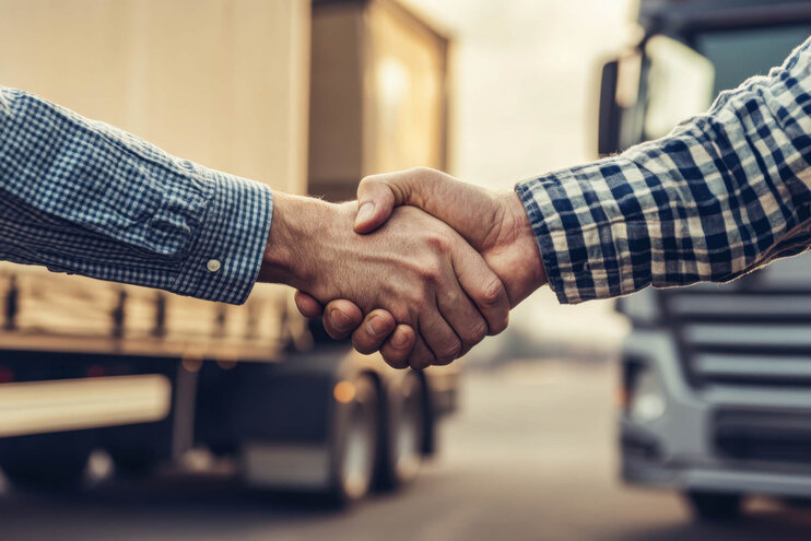 Geschäftspartner schütteln sich vor LKW die Hand – Symbol für Kooperation in Logistik und Transport.
