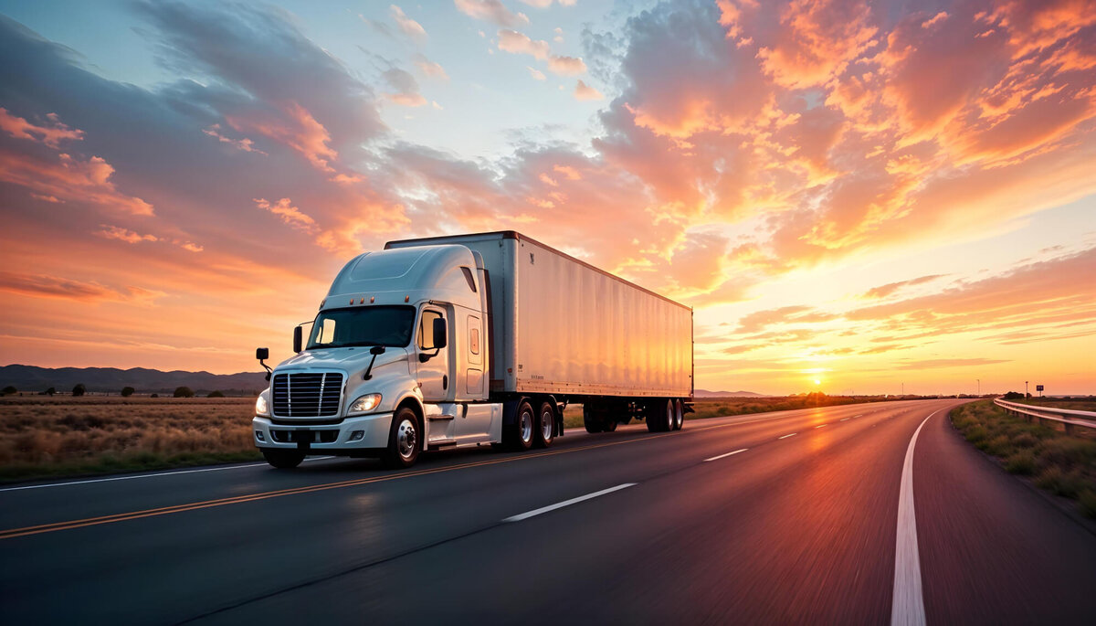 Weißer LKW bei Sonnenuntergang auf leerer Straße mit Lichtspuren.