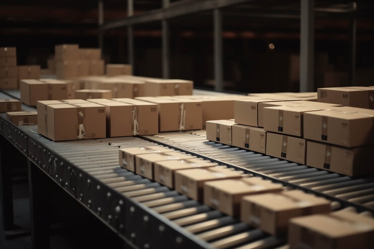 Kartons auf Förderband im Lager – effiziente Logistik und Warenlagerung