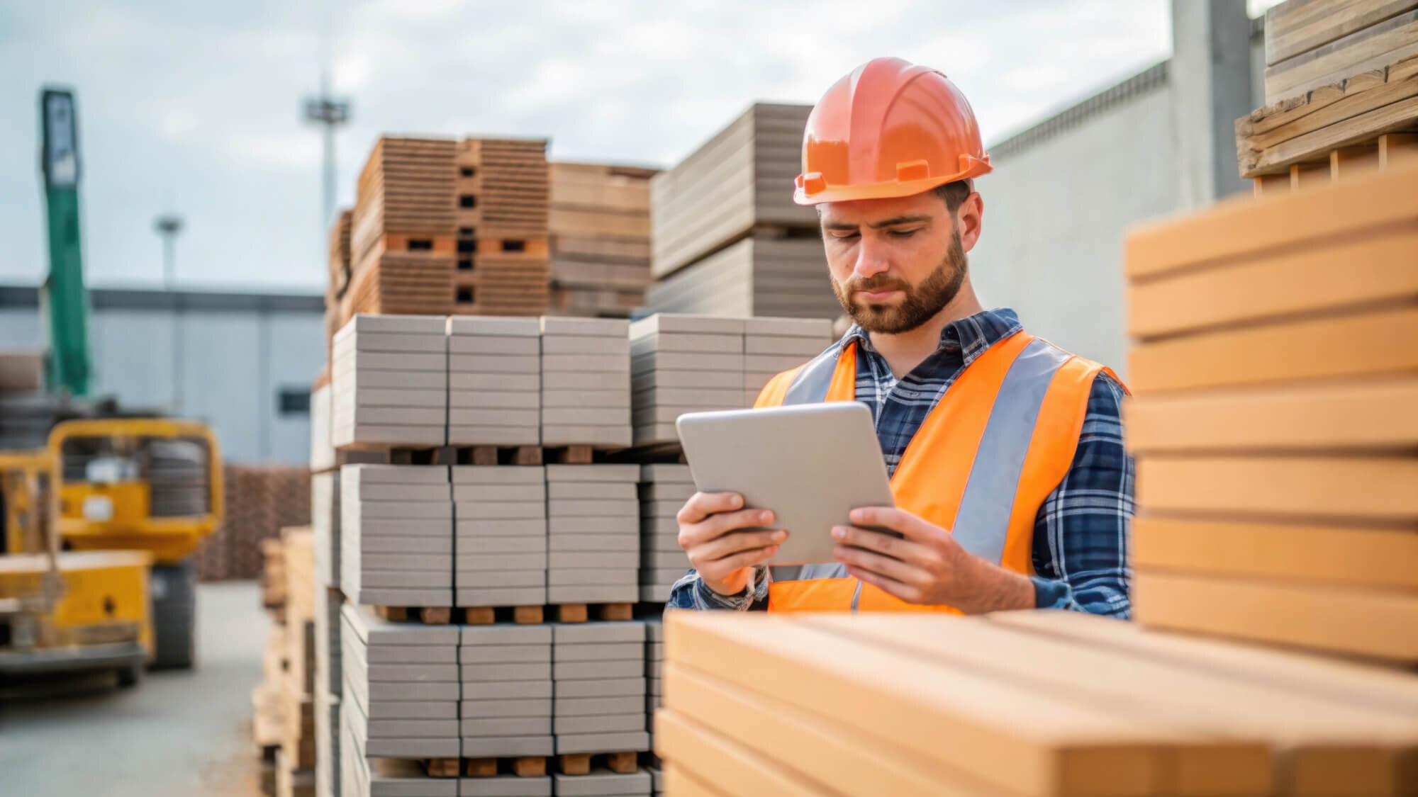 Baustellen-Materialprüfung: Bauarbeiter checkt Lagerbestand digital für effiziente Nutzung.