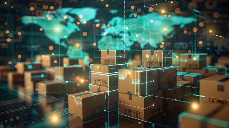 Globaler E‑Commerce: Kartonpakete mit digitaler Netzwerk-Überlagerung.