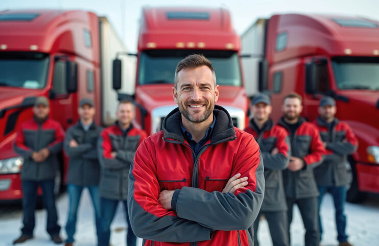 Teamleiter mit Truckfahrern vor roten Sattelzügen – Symbol für Logistik und Transport.