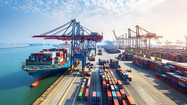 Großes Containerschiff an einem belebten Hafen, Kräne laden und entladen Container.