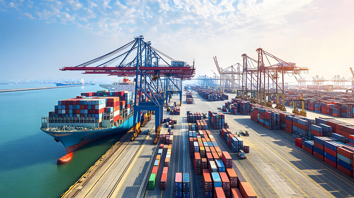 Großes Containerschiff an einem belebten Hafen, Kräne laden und entladen Container.