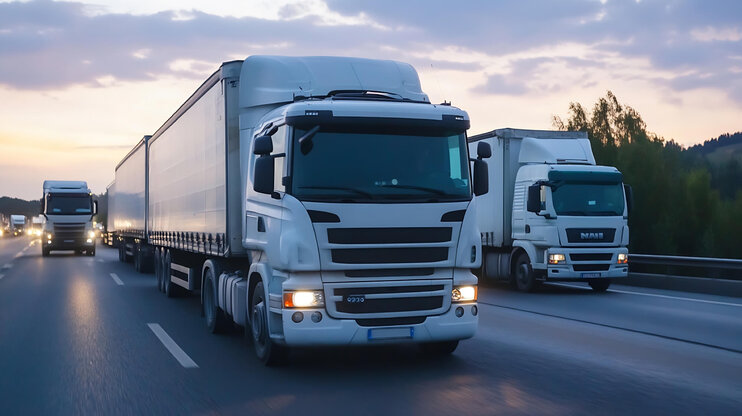 Autobahn bei Dämmerung mit mehreren Lkw in Kolonne – dynamischer Straßentransport.