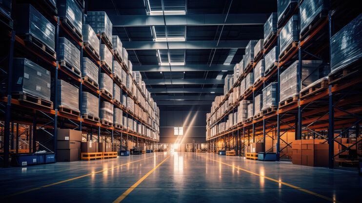 Großes Lager mit Regalen und Kartons. Logistik und Bestandskontrolle.