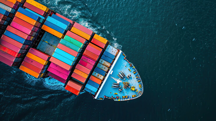 Luftaufnahme Containerschiff im internationalen Containertransport.