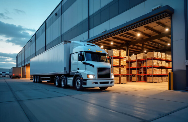 Weißer LKW in Lagerhalle mit Frachtkartons. Logistik und Transport.