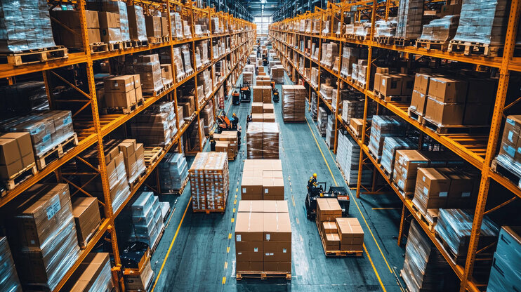 Effizientes Logistikmanagement in urbanem Crossdock-Lager aus der Luftperspektive.