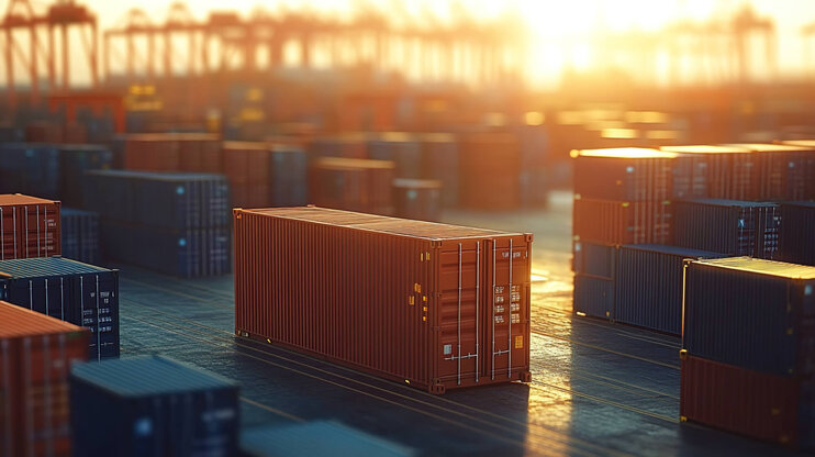 Fotografie eines Hafens mit vielen Containerboxen bei Sonnenuntergang, ein Container im Fokus.