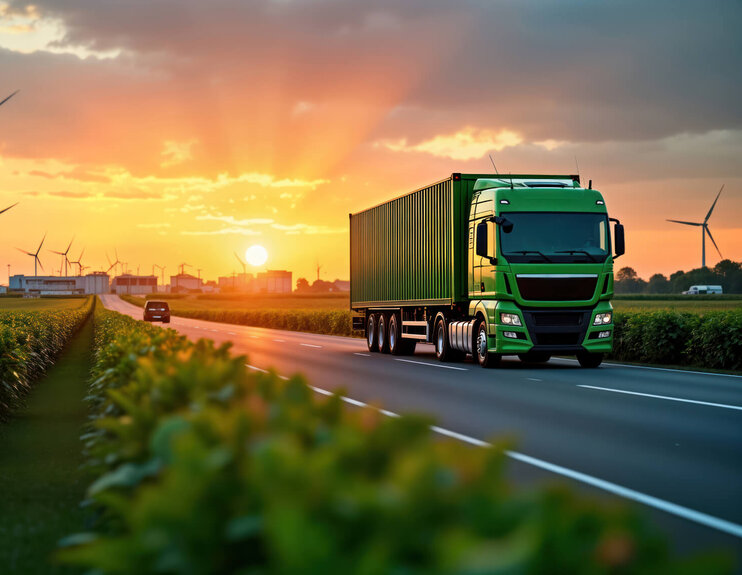 Grüner LKW auf Autobahn bei Sonnenuntergang, Windturbinen im Hintergrund – nachhaltige Logistik.